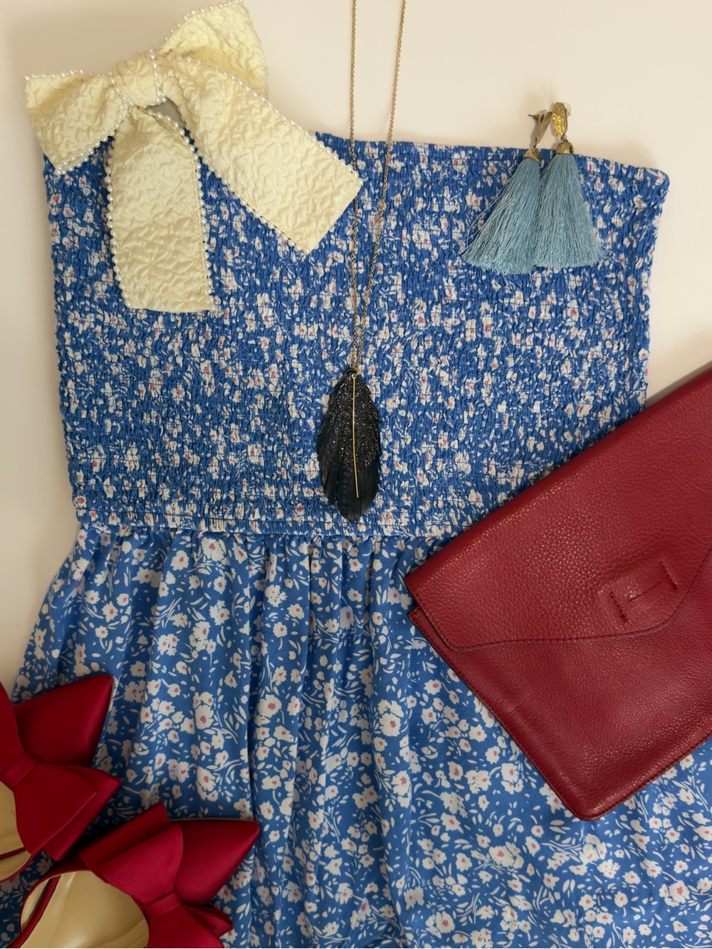 🇺🇸 ZESICA Blue Floral Smocked Strapless Boho Maxi Dress